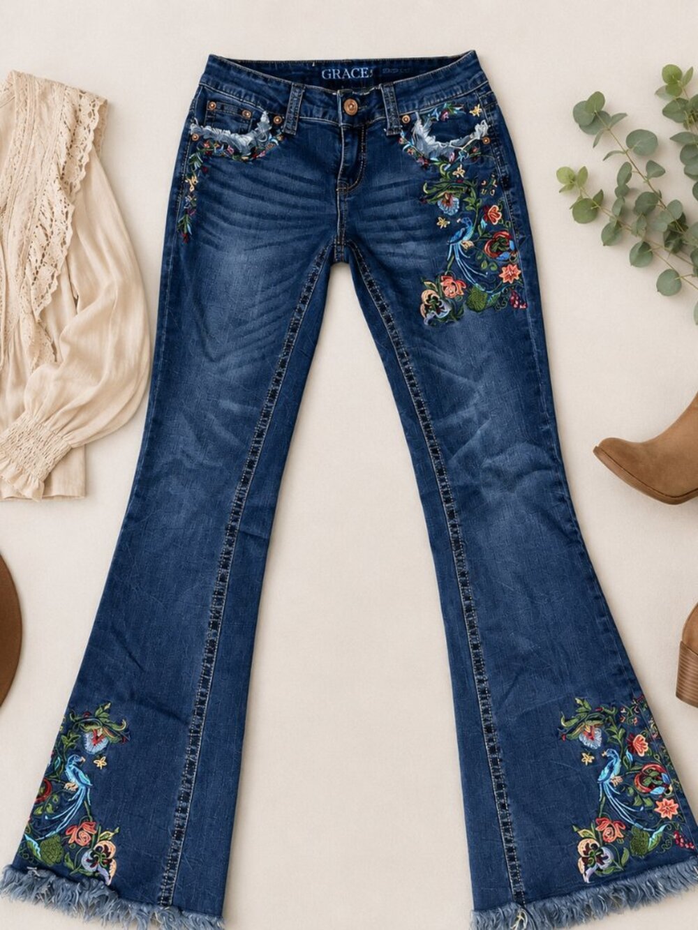 Grace in LA Embroidered Boot Cut Jeans Size 27 Boho Western Festival Floral